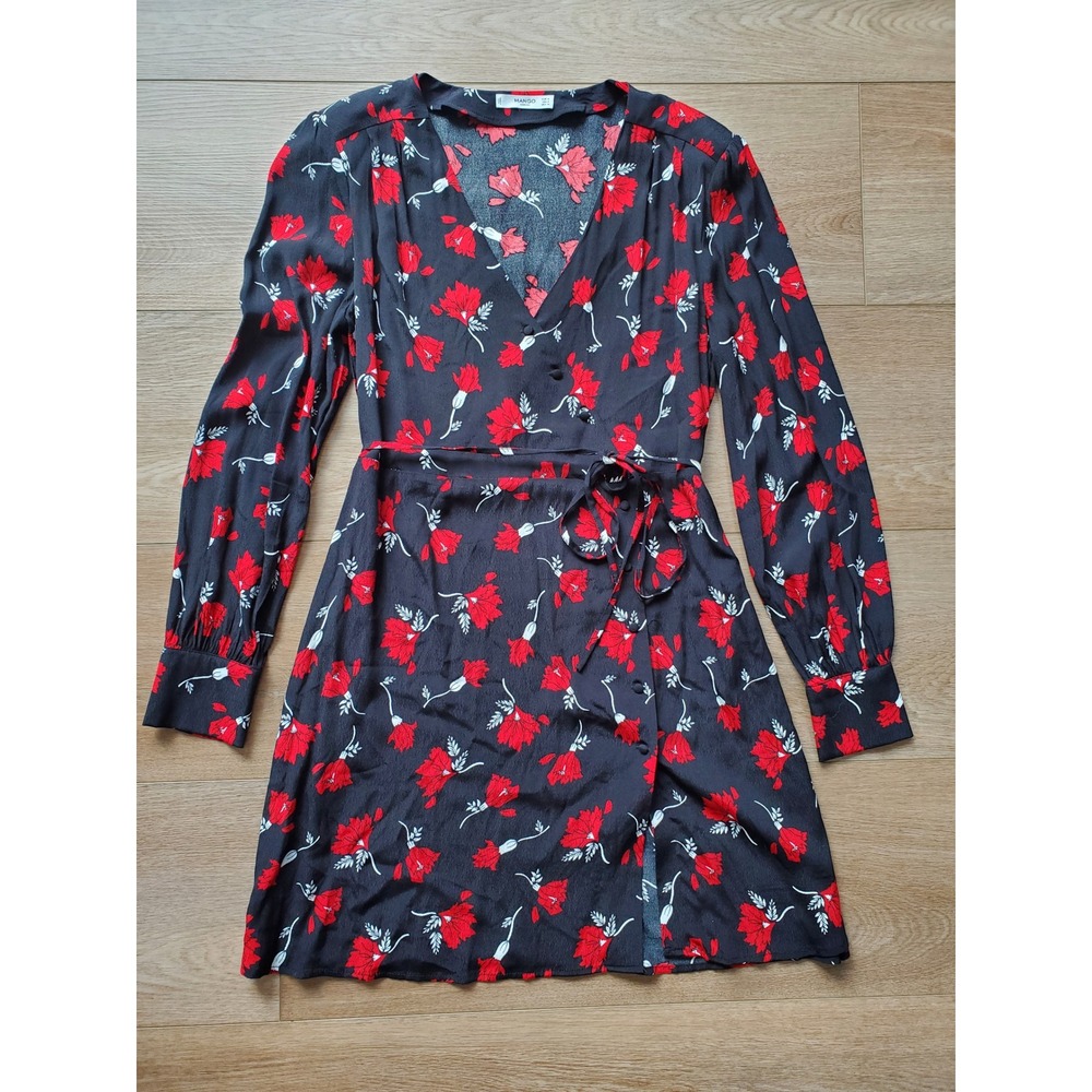 Mango Casual Womens Red Floral Long Sleeve Wrap Mini Dress Black Size 6 M